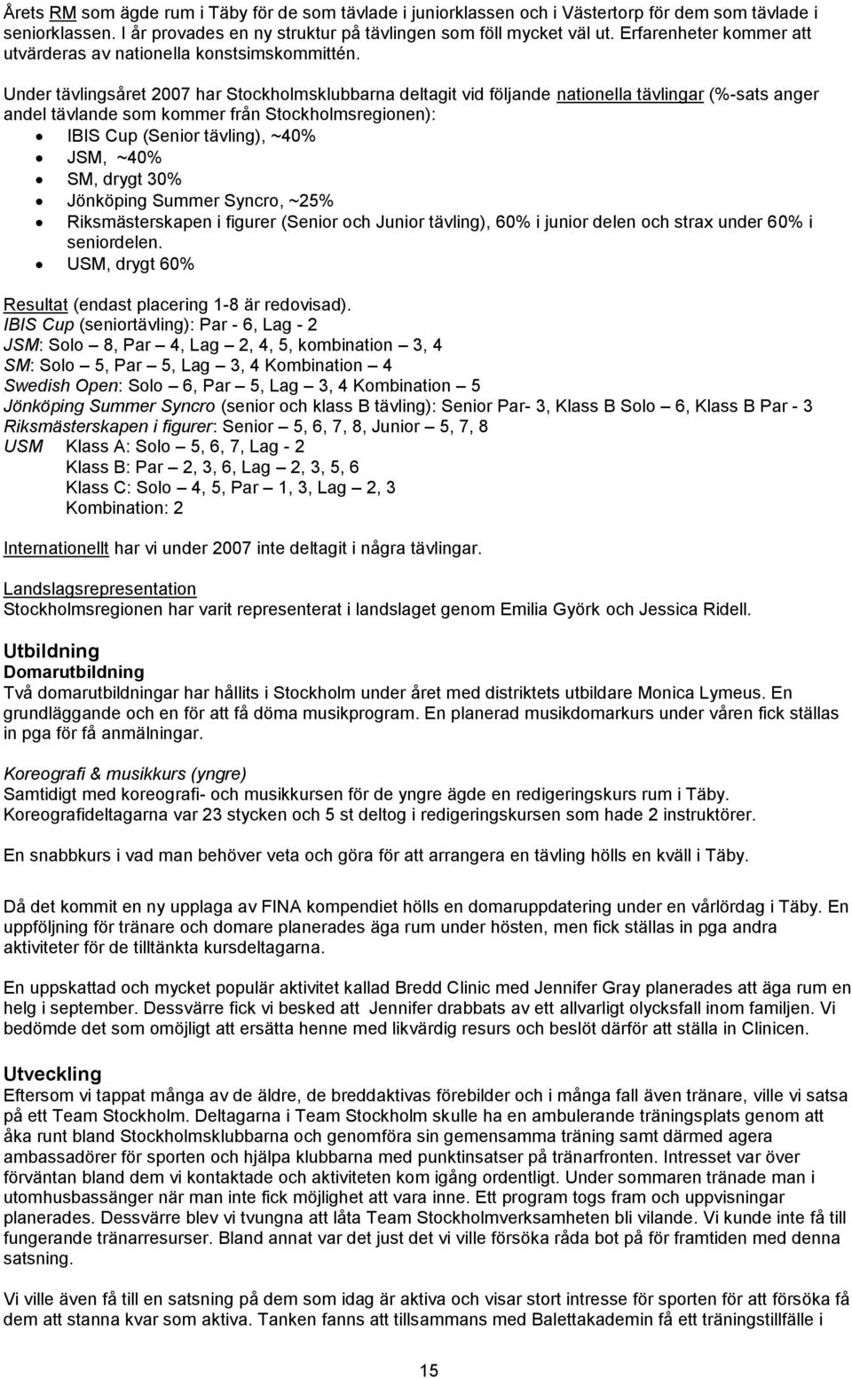 Under tävlingsåret 2007 har Stockholmsklubbarna deltagit vid följande nationella tävlingar (%-sats anger andel tävlande som kommer från Stockholmsregionen): IBIS Cup (Senior tävling), ~40% JSM, ~40%