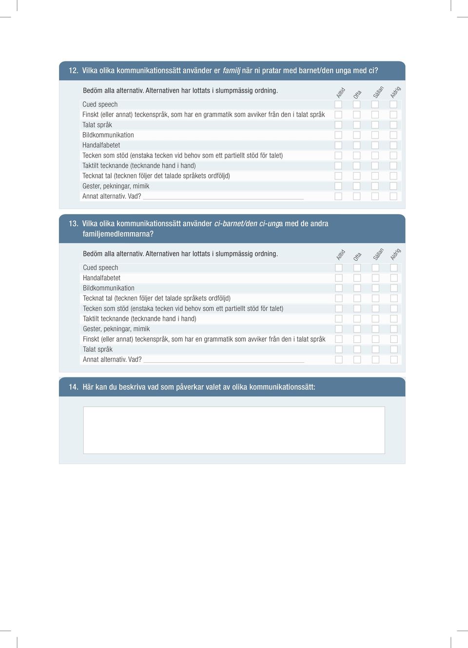 partiellt stöd för talet) Taktilt tecknande (tecknande hand i hand) Tecknat tal (tecknen följer det talade språkets ordföljd) Gester, pekningar, mimik Annat alternativ. Vad?