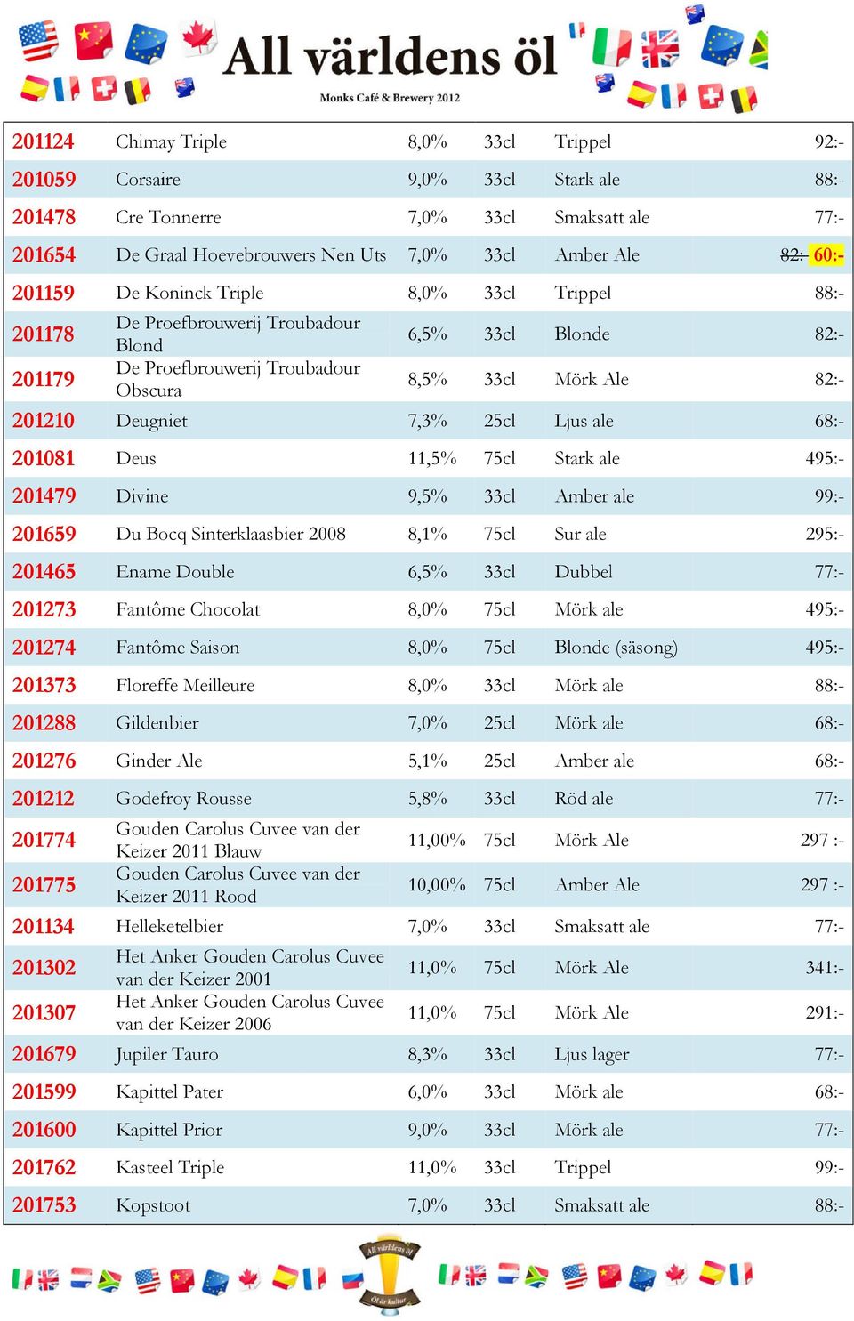 Bocq Sinterklaasbier 2008 8,1% Sur ale 295:- 201465 Ename Double 6,5% Dubbel 201273 Fantôme Chocolat 495:- 201274 Fantôme Blonde (säsong) 495:- 201373 Floreffe Meilleure 201288 Gildenbier 7,0% 201276