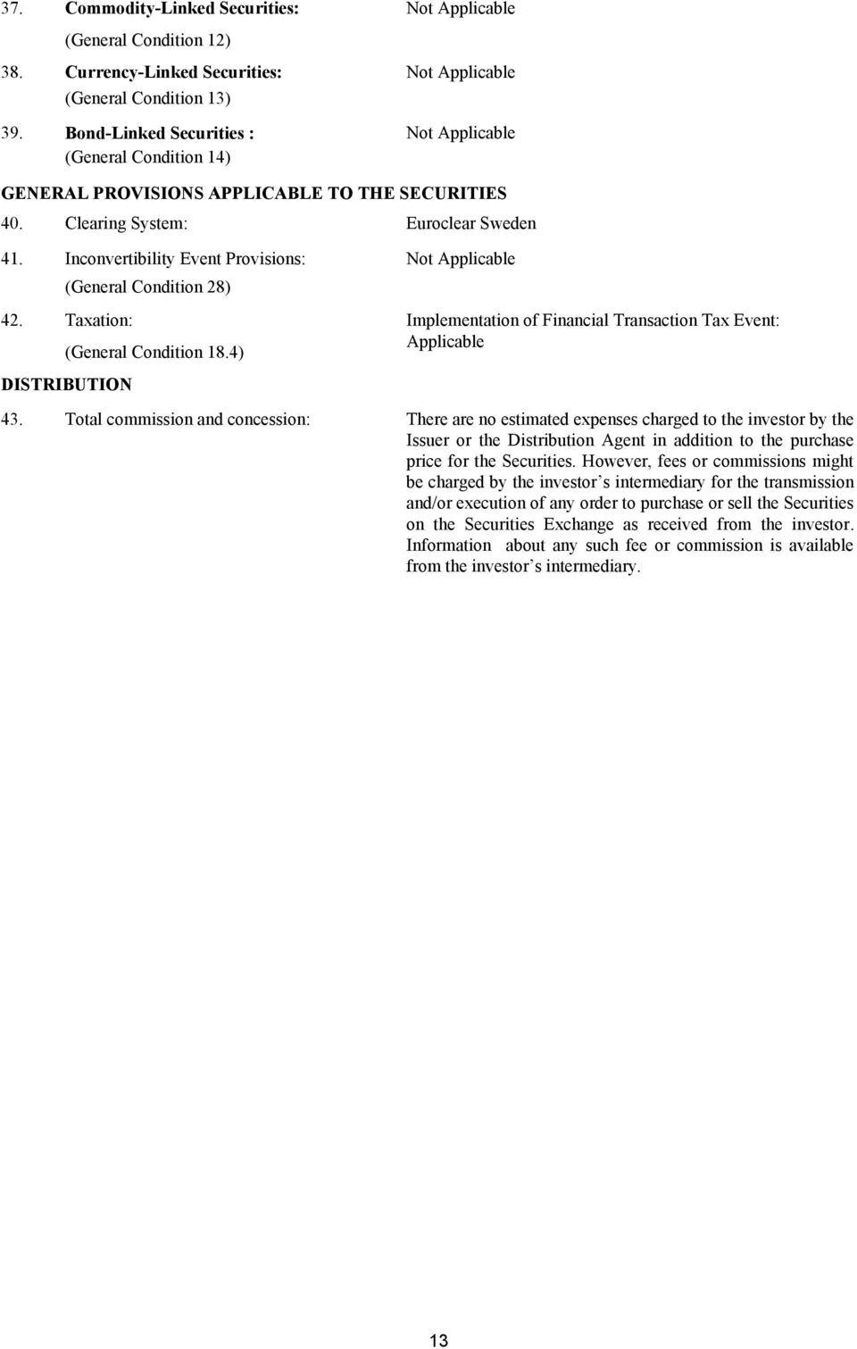 Inconvertibility Event Provisions: Not Applicable (General Condition 28) 42. Taxation: (General Condition 18.4) Implementation of Financial Transaction Tax Event: Applicable DISTRIBUTION 43.