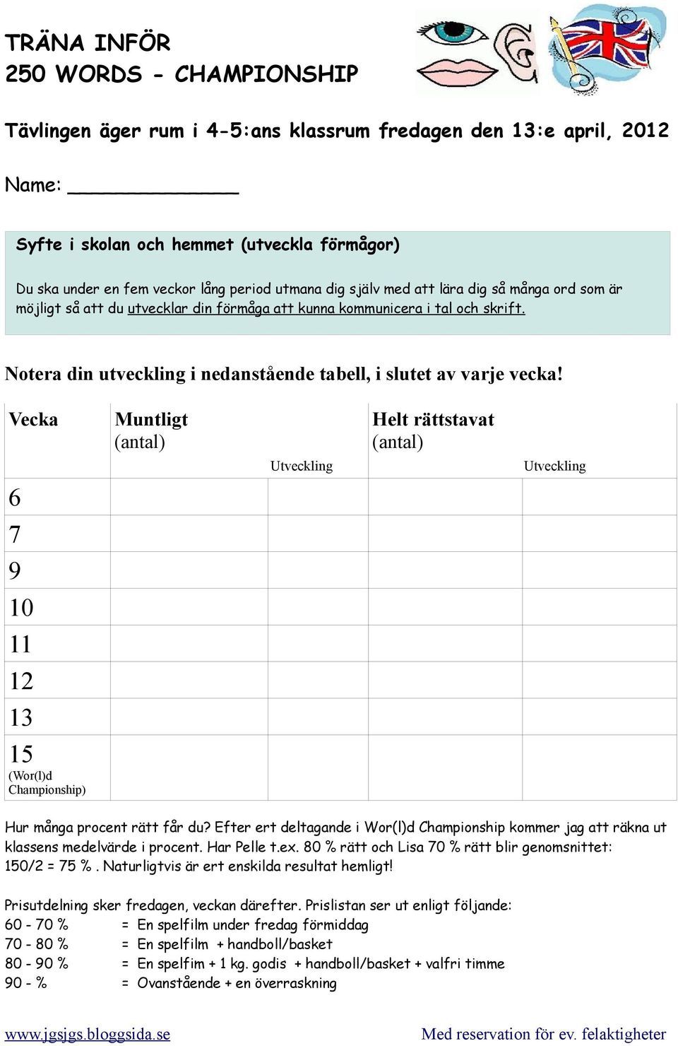 Notera din utveckling i nedanstående tabell, i slutet av varje vecka!