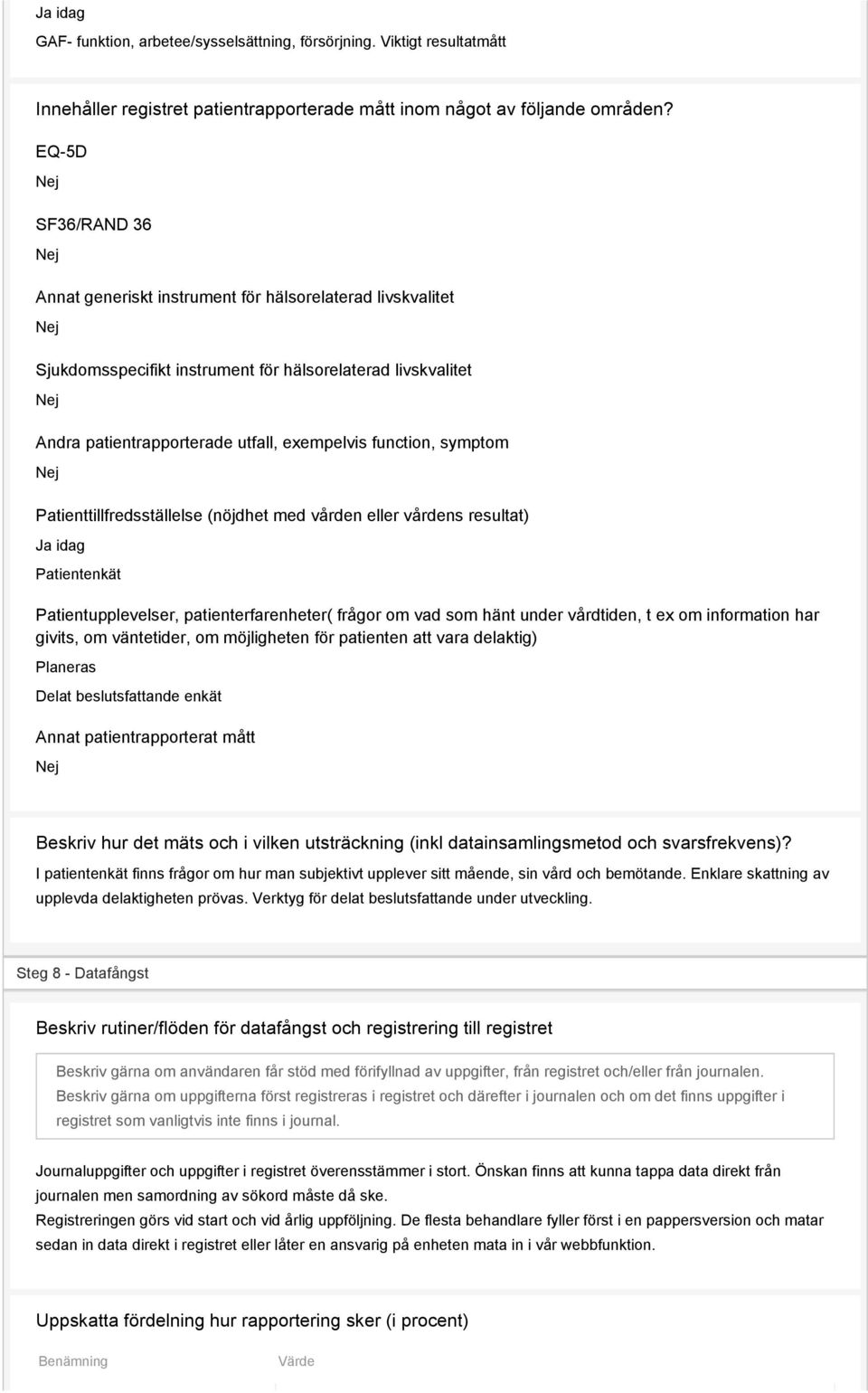 symptom Patienttillfredsställelse (nöjdhet med vården eller vårdens resultat) Ja idag Patientenkät Patientupplevelser, patienterfarenheter( frågor om vad som hänt under vårdtiden, t ex om information