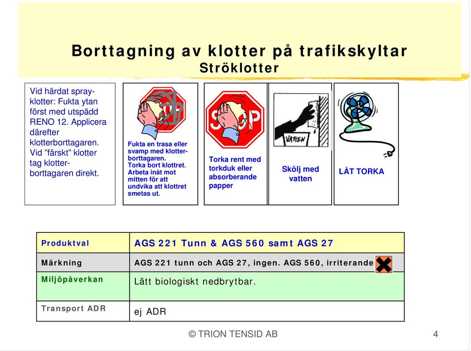 Fukta en trasa eller svamp med klotterborttagaren. Torka bort klottret. Arbeta inåt mot mitten för att undvika att klottret smetas ut.