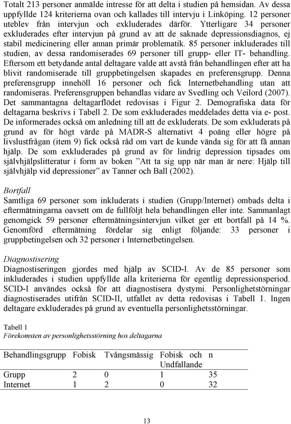 Ytterligare 34 personer exkluderades efter intervjun på grund av att de saknade depressionsdiagnos, ej stabil medicinering eller annan primär problematik.