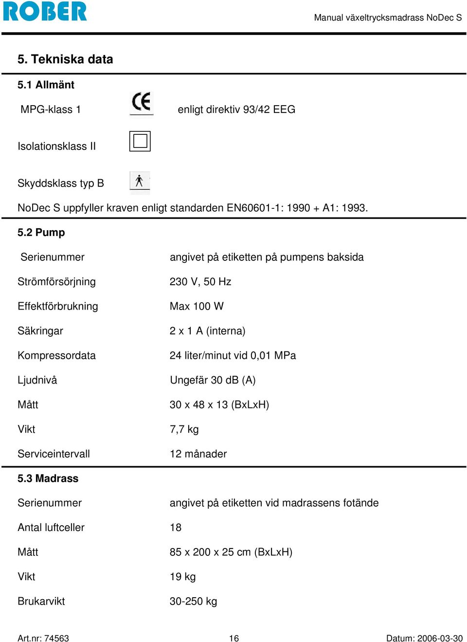 2 Pump Serienummer Strömförsörjning Effektförbrukning Säkringar Kompressordata Ljudnivå Mått Vikt Serviceintervall angivet på etiketten på pumpens baksida 230