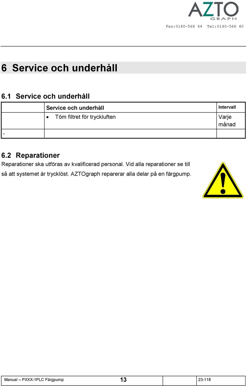 Varje månad 6.2 Reparationer Reparationer ska utföras av kvalificerad personal.