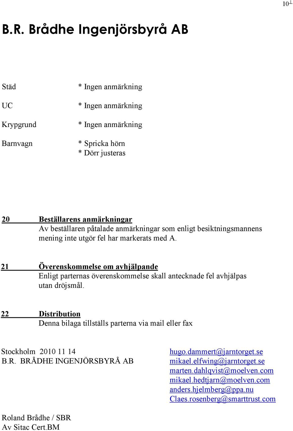 22 Distribution Denna bilaga tillställs parterna via mail eller fax Stockholm 2010 11 14 B.R. BRÅDHE INGENJÖRSBYRÅ AB hugo.dammert@jarntorget.se mikael.