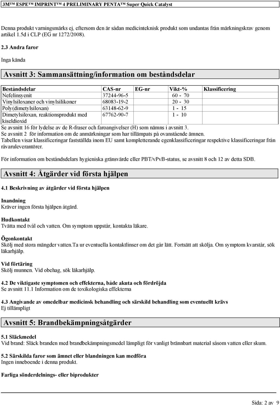 3 Andra faror Inga kända Avsnitt 3: Sammansättning/information om beståndsdelar Beståndsdelar CAS-nr EG-nr Vikt-% Klassificering Nefelinsyenit 37244-96-5 60-70 Vinylsiloxaner och vinylsilikoner