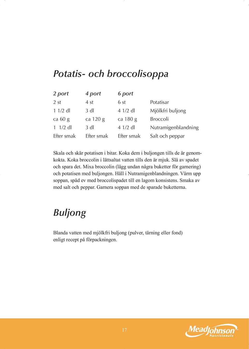 Slå av spadet och spara det. Mixa broccolin (lägg undan några buketter för garnering) och potatisen med buljongen. Häll i Nutramigenblandningen.