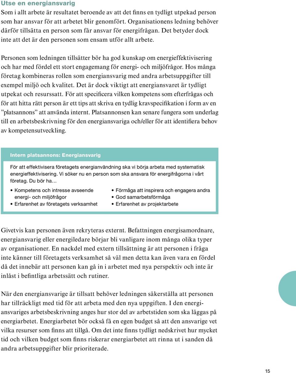 Personen som ledningen tillsätter bör ha god kunskap om energieffektivisering och har med fördel ett stort engagemang för energi- och miljöfrågor.