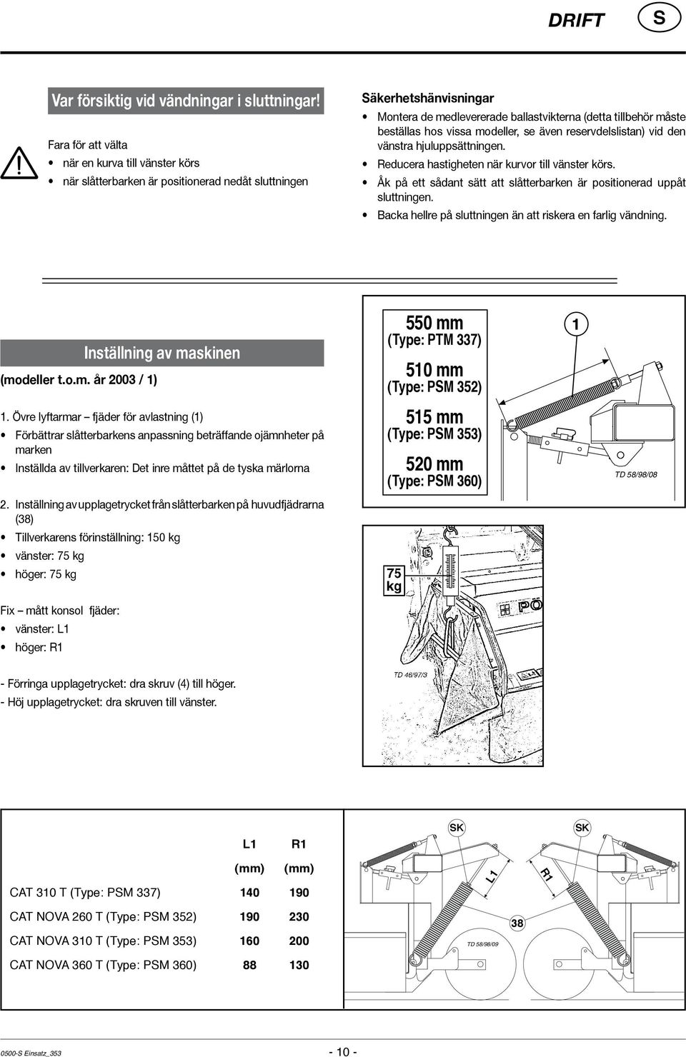 hos vissa modeller, se även reservdelslistan) vid den vänstra hjuluppsättningen. Reducera hastigheten när kurvor till vänster körs.