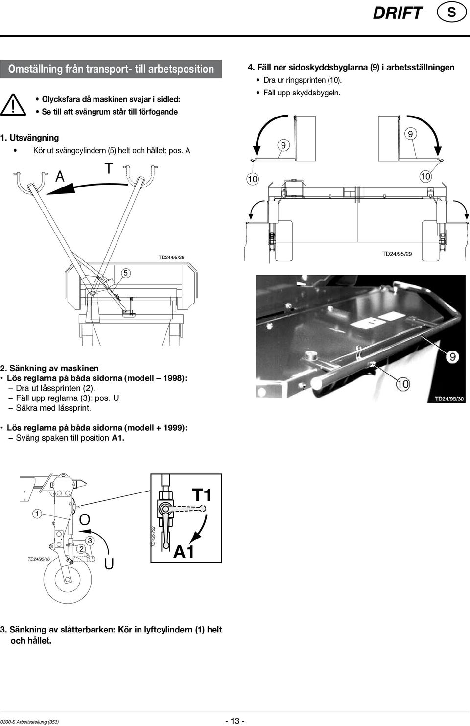 A A T 10 10 TD24/95/26 TD24/95/29 5 2. änkning av maskinen Lös reglarna på båda sidorna (modell 1998): Dra ut låssprinten (2). Fäll upp reglarna (3): pos.