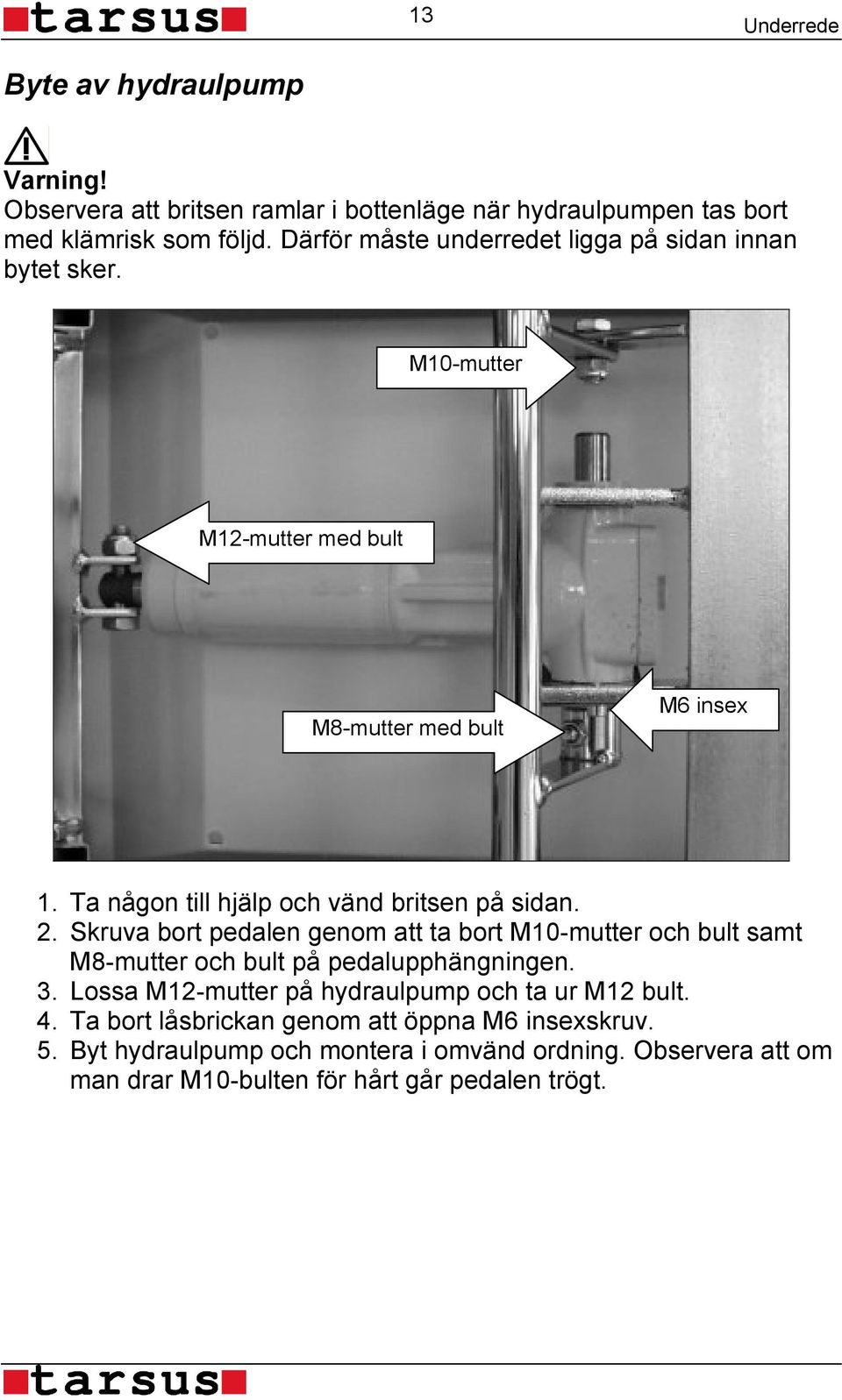 Ta någon till hjälp och vänd britsen på sidan. 2. Skruva bort pedalen genom att ta bort M10-mutter och bult samt M8-mutter och bult på pedalupphängningen.