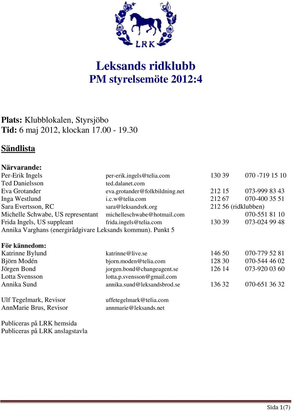 com 212 67 070-400 35 51 Sara Evertsson, RC sara@leksandsrk.org 212 56 (ridklubben) Michelle Schwabe, US representant michelleschwabe@hotmail.com 070-551 81 10 Frida Ingels, US suppleant frida.