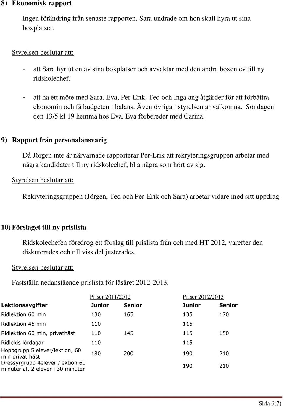 - att ha ett möte med Sara, Eva, Per-Erik, Ted och Inga ang åtgärder för att förbättra ekonomin och få budgeten i balans. Även övriga i styrelsen är välkomna. Söndagen den 13/5 kl 19 hemma hos Eva.