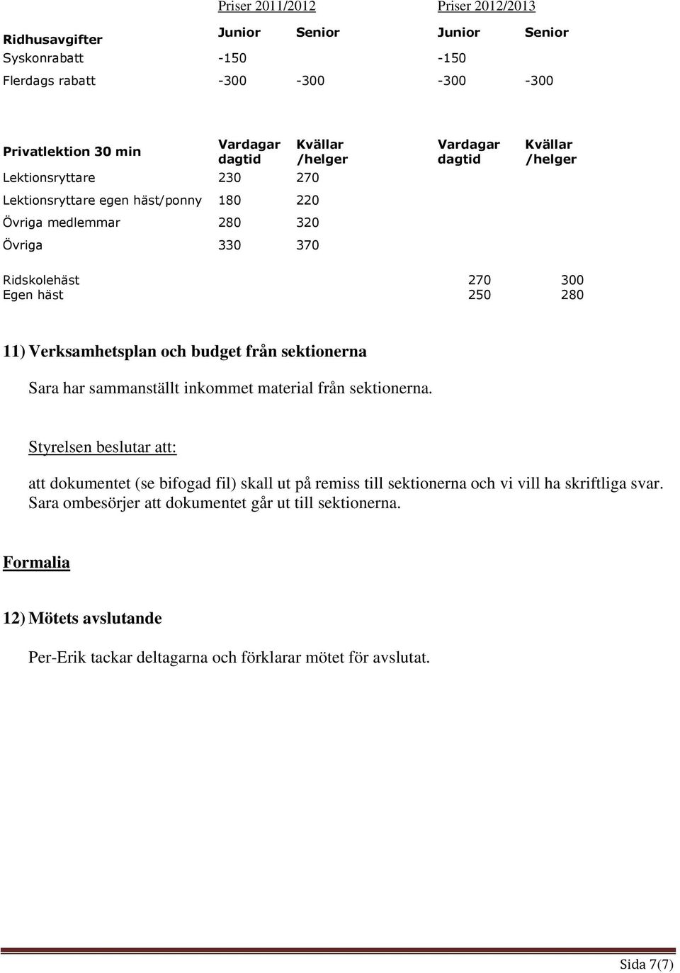 häst 250 280 11) Verksamhetsplan och budget från sektionerna Sara har sammanställt inkommet material från sektionerna.