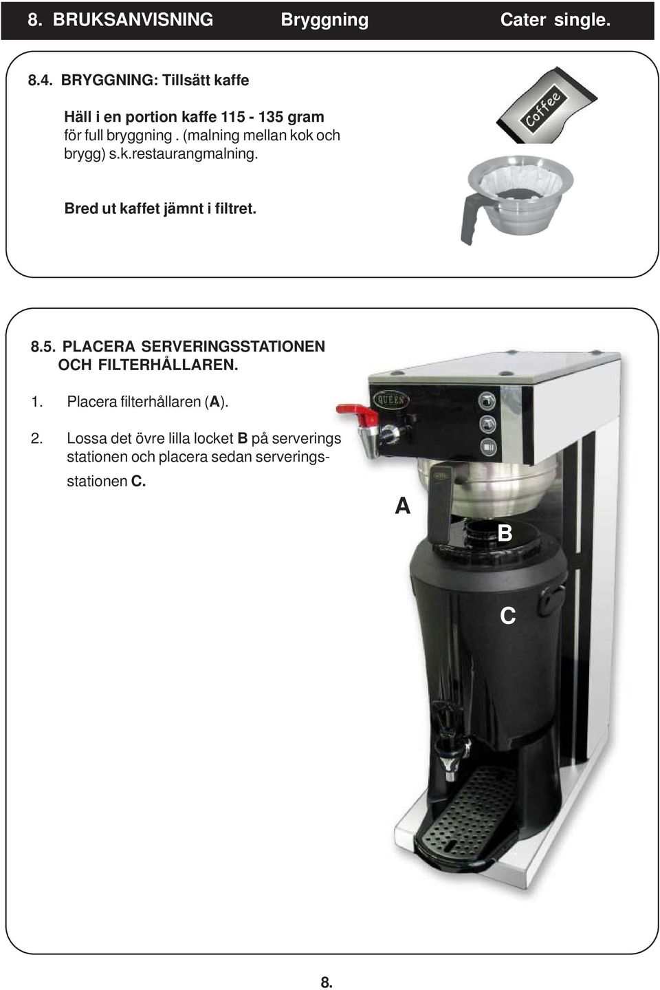 (malning mellan kok och brygg) s.k.restaurangmalning. Bred ut kaffet jämnt i filtret. 8.5.