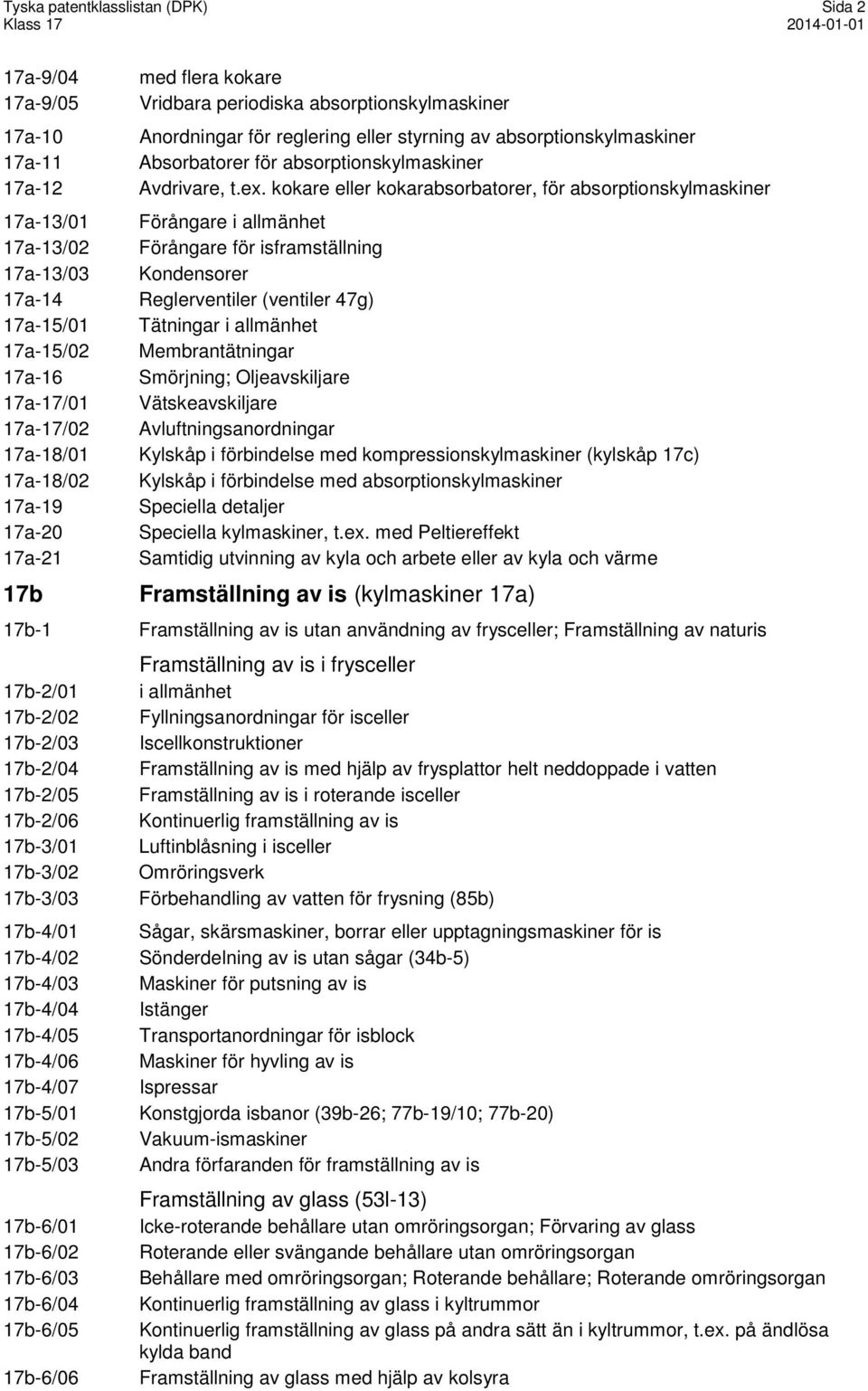 kokare eller kokarabsorbatorer, för absorptionskylmaskiner 17a-13/01 Förångare i allmänhet 17a-13/02 Förångare för isframställning 17a-13/03 Kondensorer 17a-14 Reglerventiler (ventiler 47g) 17a-15/01