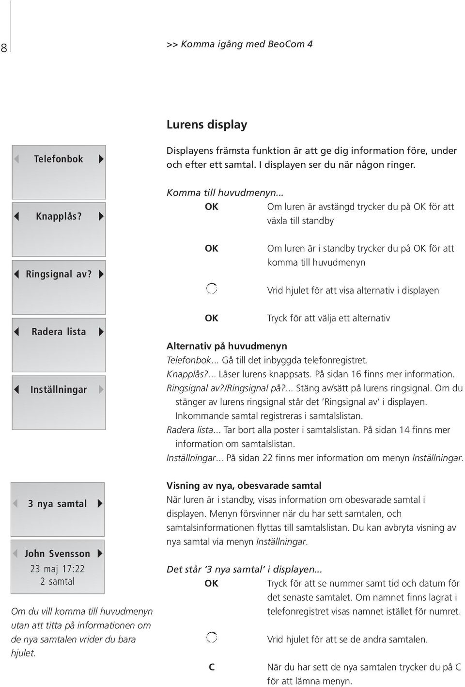 Om luren är i standby trycker du på för att komma till huvudmenyn Vrid hjulet för att visa alternativ i displayen Radera lista Inställningar Tryck för att välja ett alternativ Alternativ på