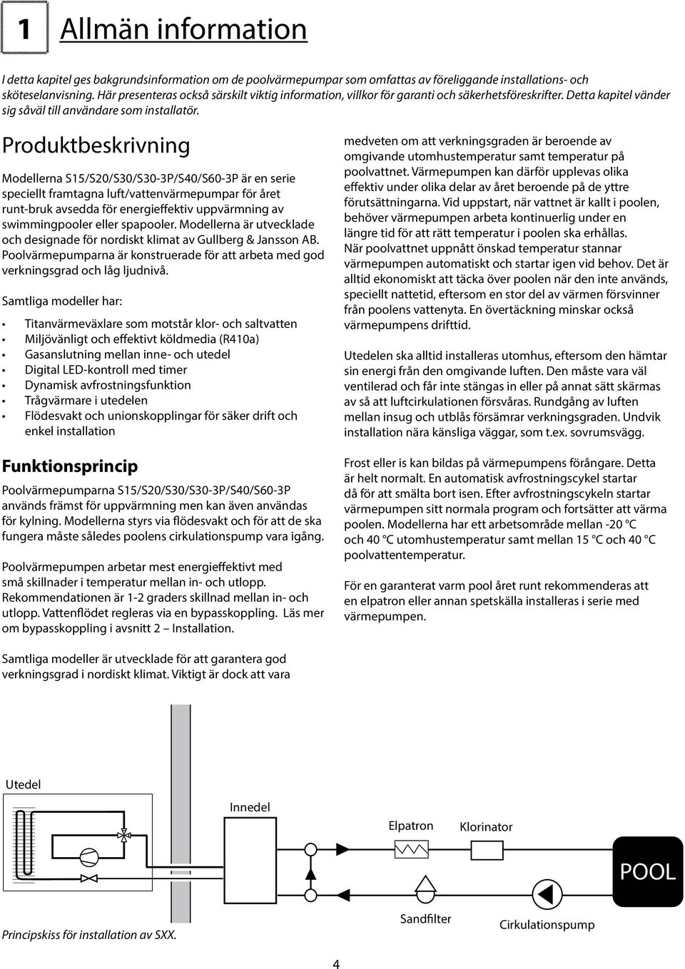 Produktbeskrivning Modellerna S15/S20/S30/S30-3P/S40/S60-3P är en serie speciellt framtagna luft/vattenvärmepumpar för året runt-bruk avsedda för energieffektiv uppvärmning av swimmingpooler eller