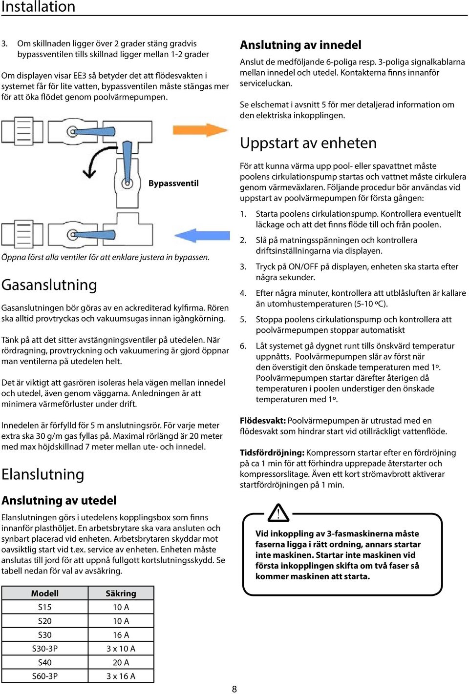 bypassventilen måste stängas mer för att öka flödet genom poolvärmepumpen. Anslutning av innedel Anslut de medföljande 6-poliga resp. 3-poliga signalkablarna mellan innedel och utedel.