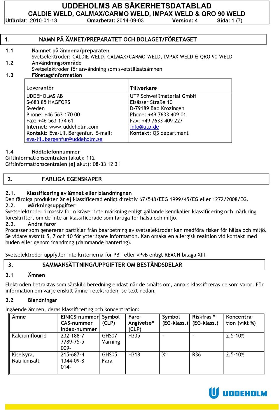 3 Företagsinformation Leverantör UDDEHOLMS AB S-683 85 HAGFORS Sweden Phone: +46 563 170 00 Fax: +46 563 174 61 Internet: www.uddeholm.com Kontakt: Eva-Lill Bergenfur. E-mail: eva-lill.
