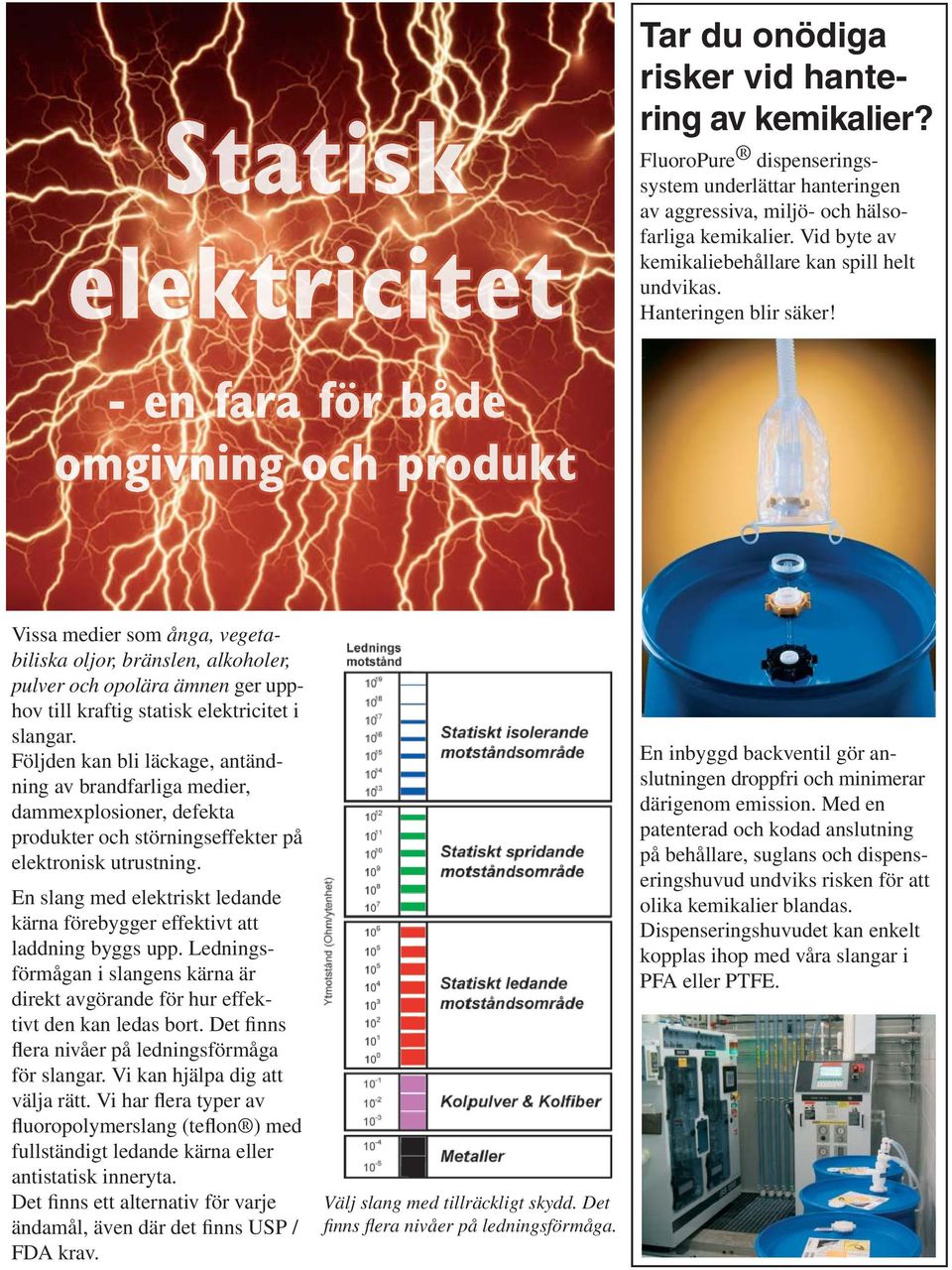 Vissa medier som ånga, vegetabiliska oljor, bränslen, alkoholer, pulver och opolära ämnen ger upphov till kraftig statisk elektricitet i slangar.