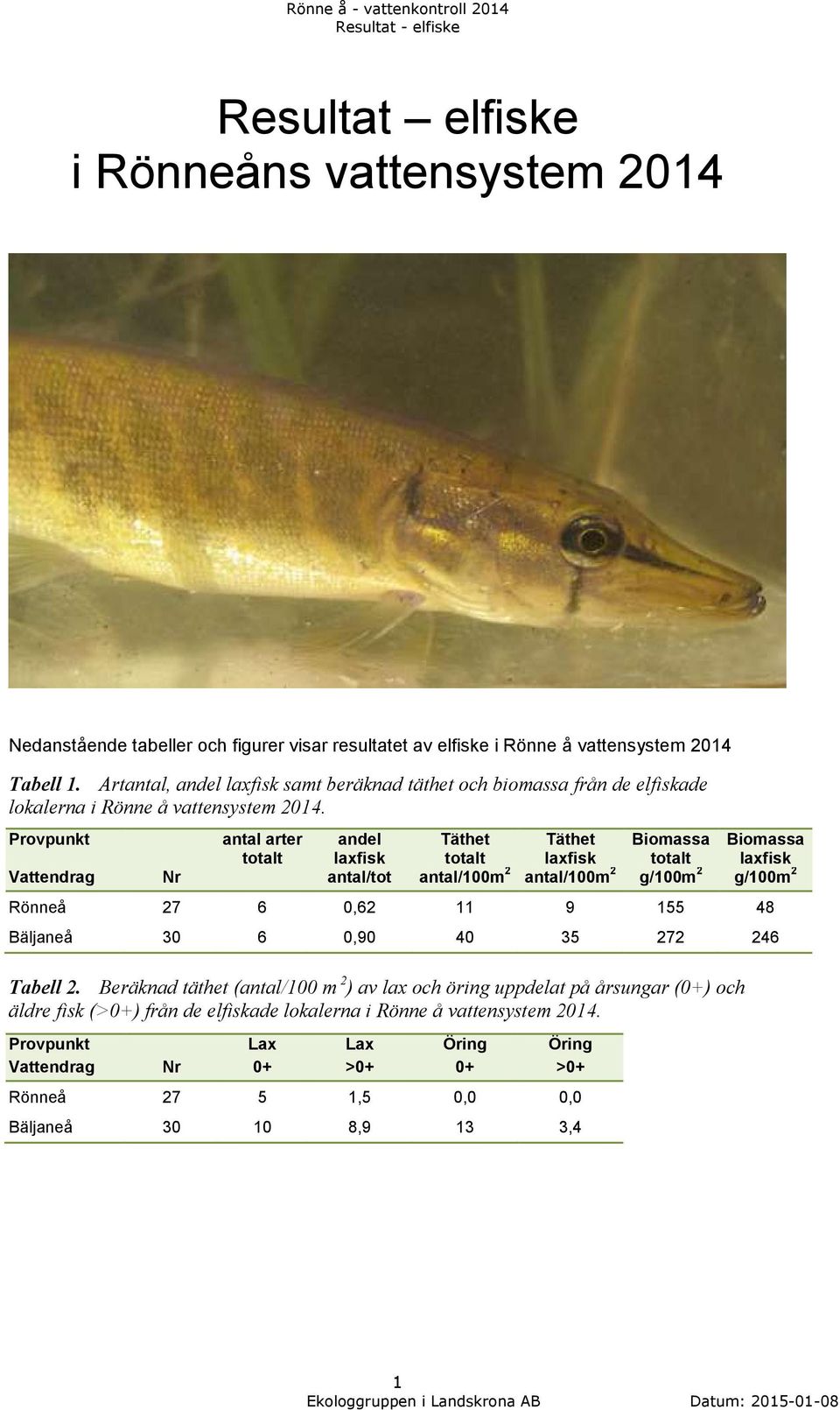 Provpunkt antal arter totalt andel laxfisk Täthet totalt Täthet laxfisk Biomassa totalt Biomassa laxfisk Vattendrag Nr antal/tot antal/m antal/m g/m g/m Rönneå 7 6,6 9 Bäljaneå 6,9