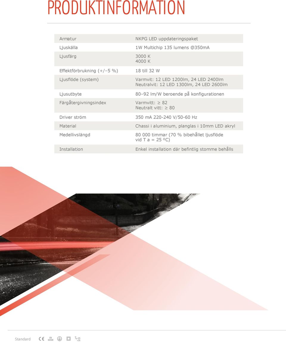 beroende på konfigurationen Färgåtergivningsindex Varmvitt: Neutralt vitt: Driver ström 350 ma 220-240 V/50-60 Hz Material Chassi i aluminium,