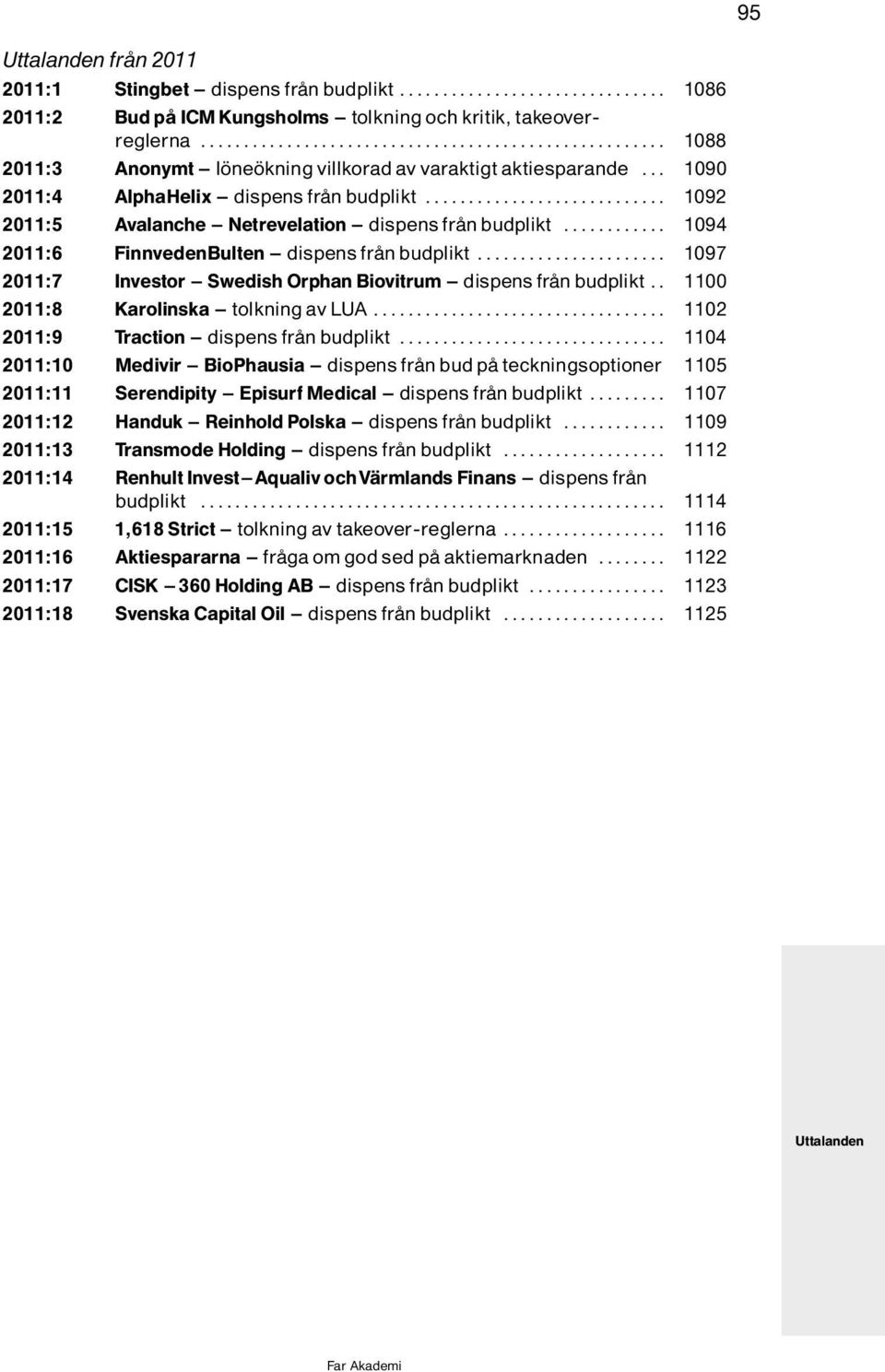 .... 1097 2011:7 Investor ^ Swedish Orphan Biovitrum ^ dispens frôn budplikt.. 1100 2011:8 Karolinska ^ tolkningavlua... 1102 2011:9 Traction ^ dispens frôn budplikt.