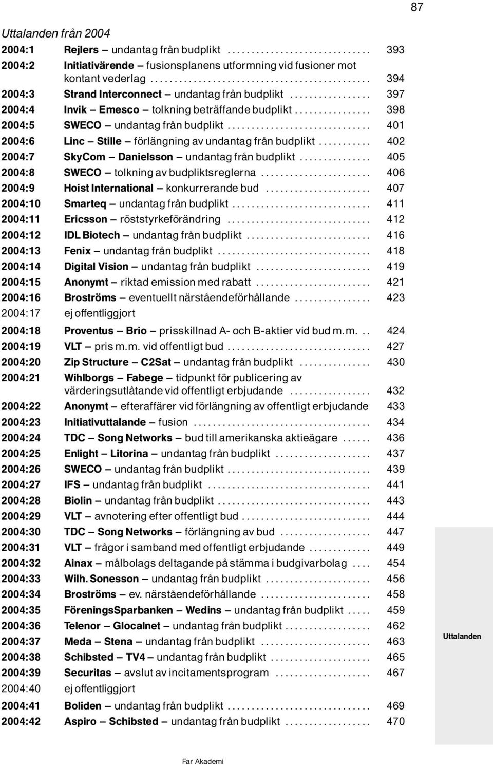 ........ 401 2004:6 Linc ^ Stille ^ f rlìngning av undantag frôn budplikt..... 402 2004:7 SkyCom ^ Danielsson ^ undantag frôn budplikt......... 405 2004:8 SWECO ^ tolkning av budpliktsreglerna.