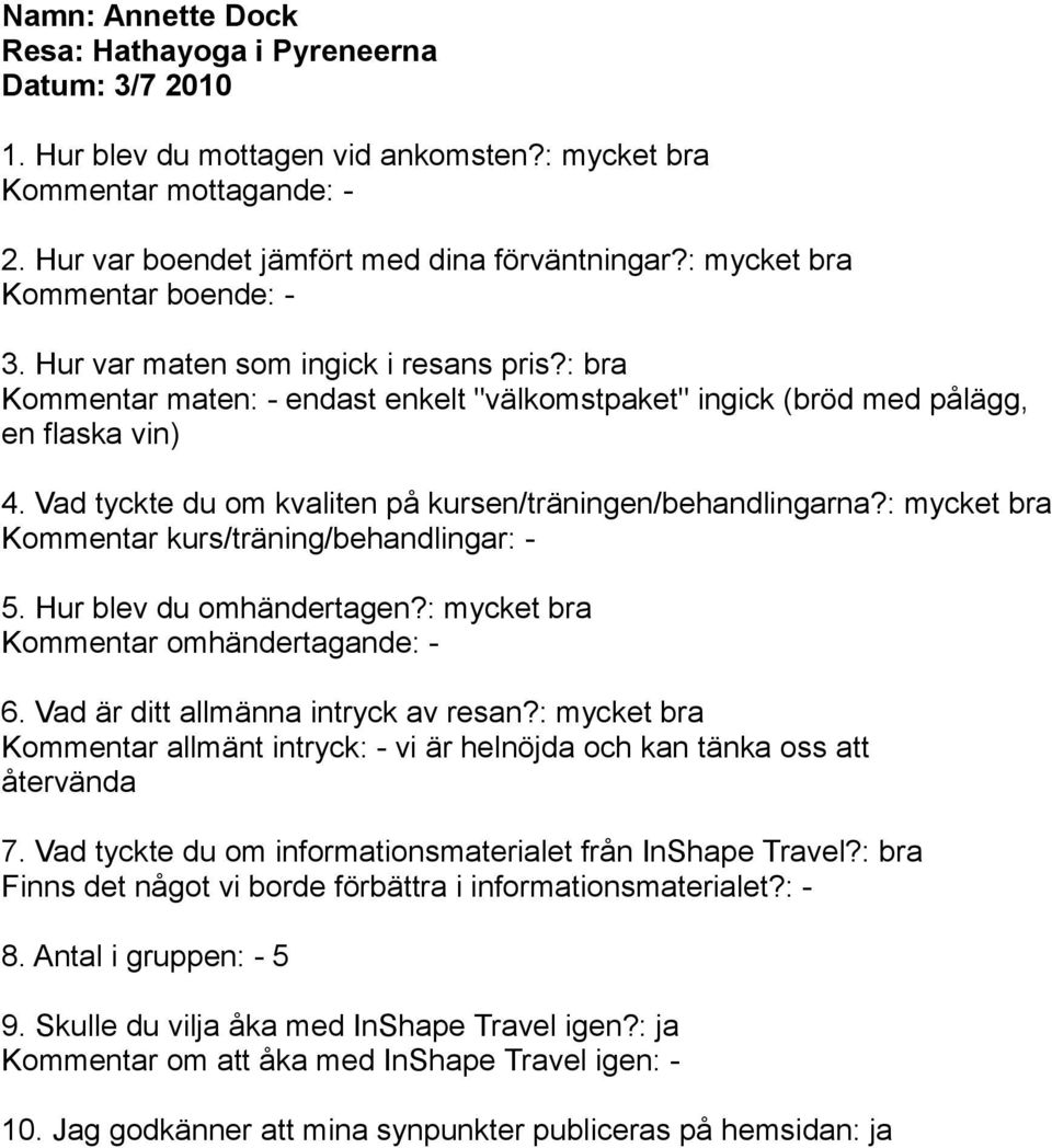 intryck: - vi är helnöjda och kan tänka oss att återvända 7. Vad tyckte du om informationsmaterialet från InShape Travel?