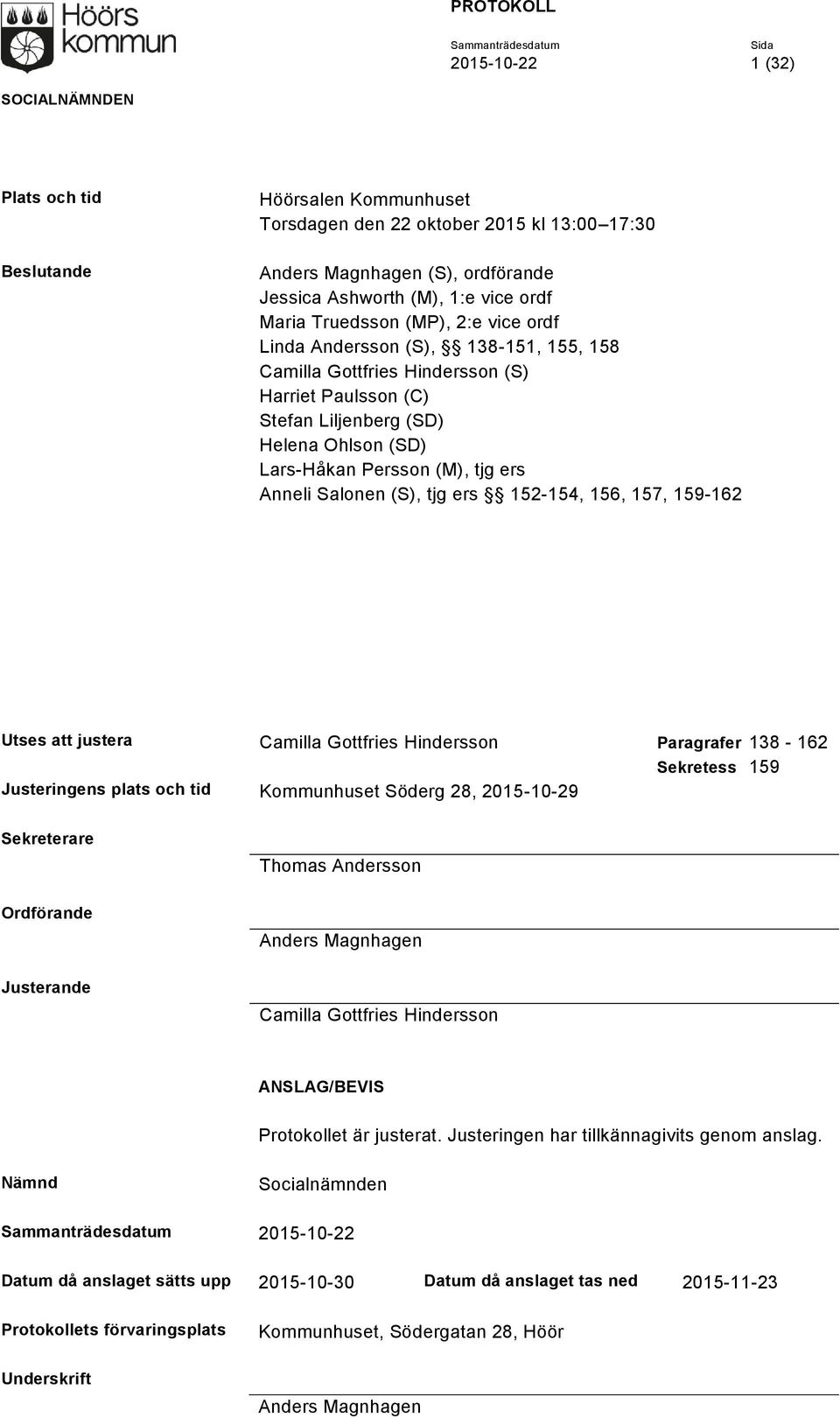 tjg ers 152-154, 156, 157, 159-162 Utses att justera Camilla Gottfries Hindersson Paragrafer 138-162 Sekretess 159 Justeringens plats och tid Kommunhuset Söderg 28, 2015-10-29 Sekreterare Ordförande