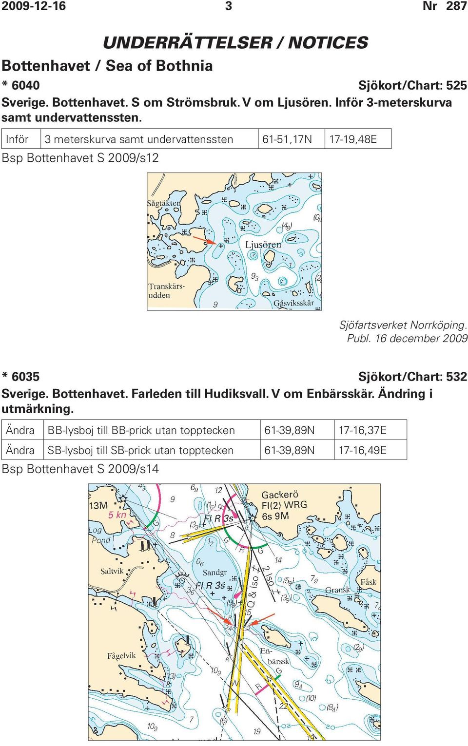 Inför 3 meterskurva samt undervattenssten 61-51,17N 17-19,48E Bsp Bottenhavet S 2009/s12 Sjöfartsverket Norrköping.