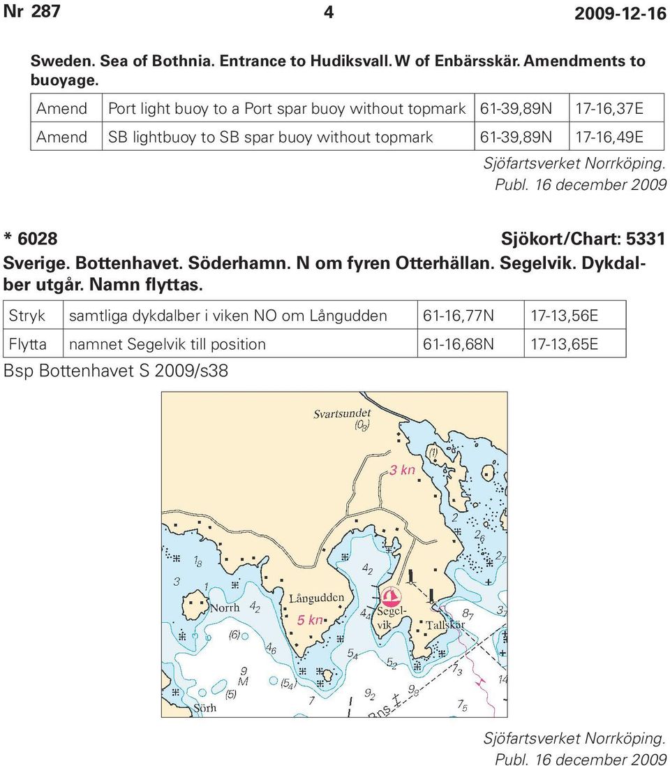 17-16,49E Sjöfartsverket Norrköping. * 6028 Sjökort/Chart: 5331 Sverige. Bottenhavet. Söderhamn. N om fyren Otterhällan. Segelvik.