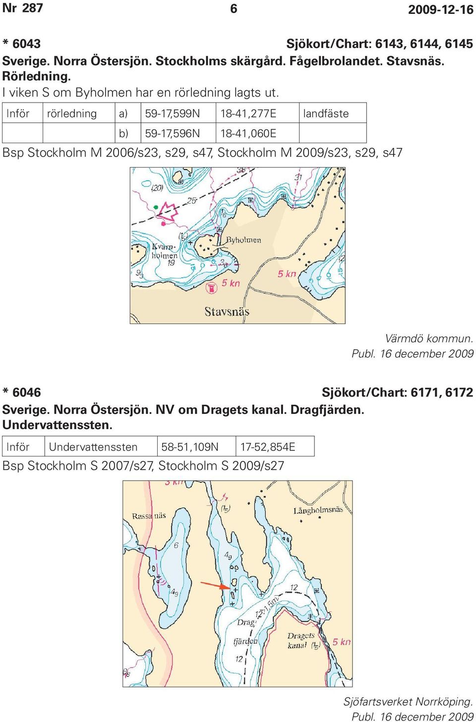 Inför rörledning a) 59-17,599N 18-41,277E landfäste b) 59-17,596N 18-41,060E Bsp Stockholm M 2006/s23, s29, s47, Stockholm M 2009/s23, s29,