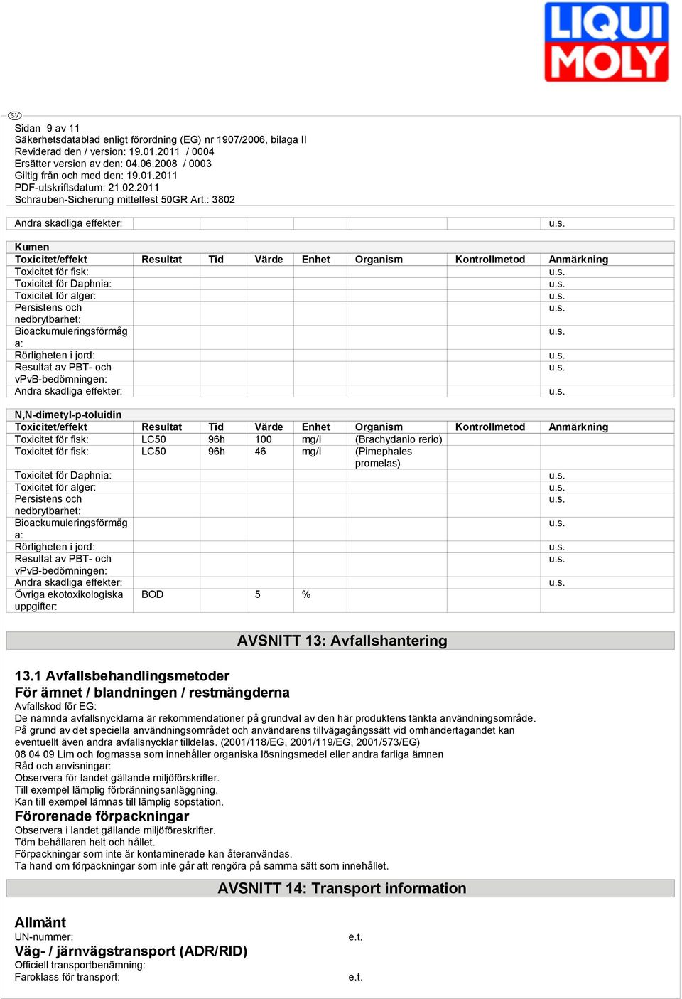 Kontrollmetod Anmärkning Toxicitet för fisk: LC50 96h 100 mg/l (Brachydanio rerio) Toxicitet för fisk: LC50 96h 46 mg/l (Pimephales promelas) Toxicitet för Daphnia: Toxicitet för alger: Persistens