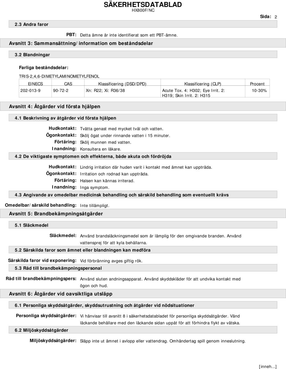4: H302; Eye Irrit. 2: H319; Skin Irrit. 2: H315 Avsnitt 4: Åtgärder vid första hjälpen 4.