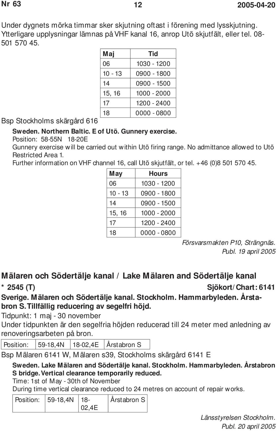 Position: 58-55N 18-20E Gunnery exercise will be carried out within Utö firing range. No admittance allowed to Utö Restricted Area 1. Further information on VHF channel 16, call Utö skjutfält, or tel.