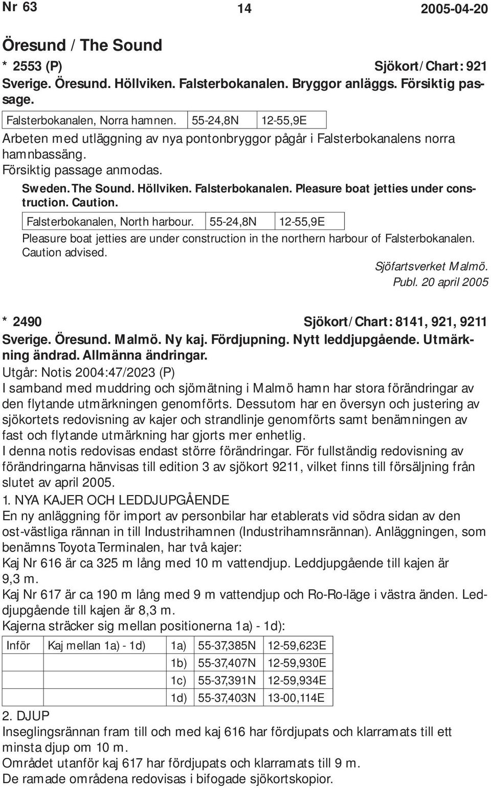 Caution. Falsterbokanalen, North harbour. 55-24,8N 12-55,9E Pleasure boat jetties are under construction in the northern harbour of Falsterbokanalen. Caution advised. Sjöfartsverket Malmö. Publ.