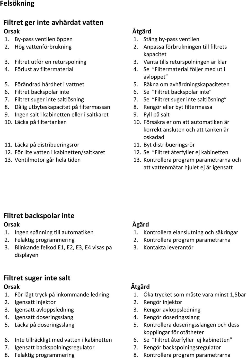 Räkna om avhärdningskapaciteten 6. Filtret backspolar inte 6. Se Filtret backspolar inte 7. Filtret suger inte saltlösning 7. Se Filtret suger inte saltlösning 8.