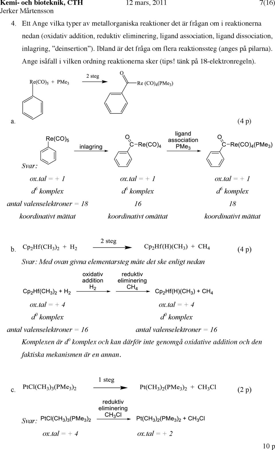 Ibland är det fråga om flera reaktionssteg (anges på pilarna). Ange isåfall i vilken ordning reaktionerna sker (tips! tänk på 18-elektronregeln). a. (4 p) ox.tal = + 1 ox.