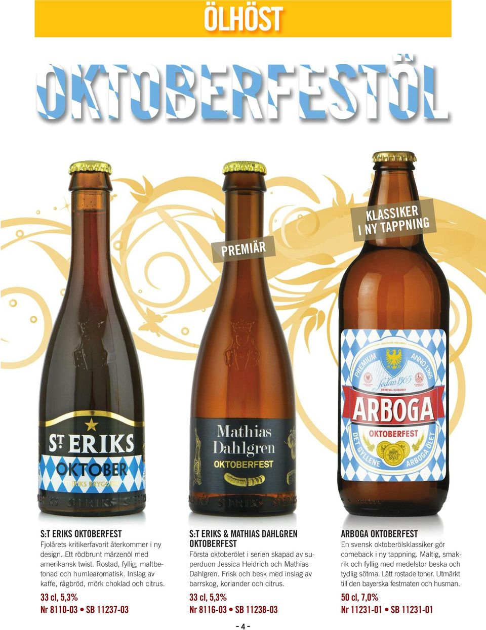 33 cl, 5,3% Nr 8110-03 SB 11237-03 S:T ERIKS & MATHIAS DAHLGREN OKTOBERFEST Första oktoberölet i serien skapad av superduon Jessica Heidrich och Mathias Dahlgren.