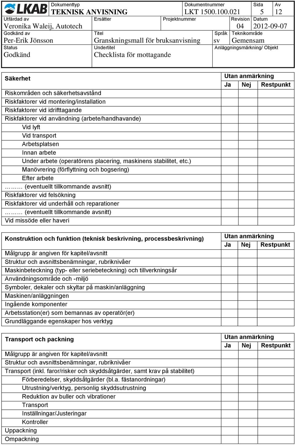 Vid lyft Vid transport Arbetsplatsen Innan arbete Under arbete (operatörens placering, maskinens stabilitet, etc.