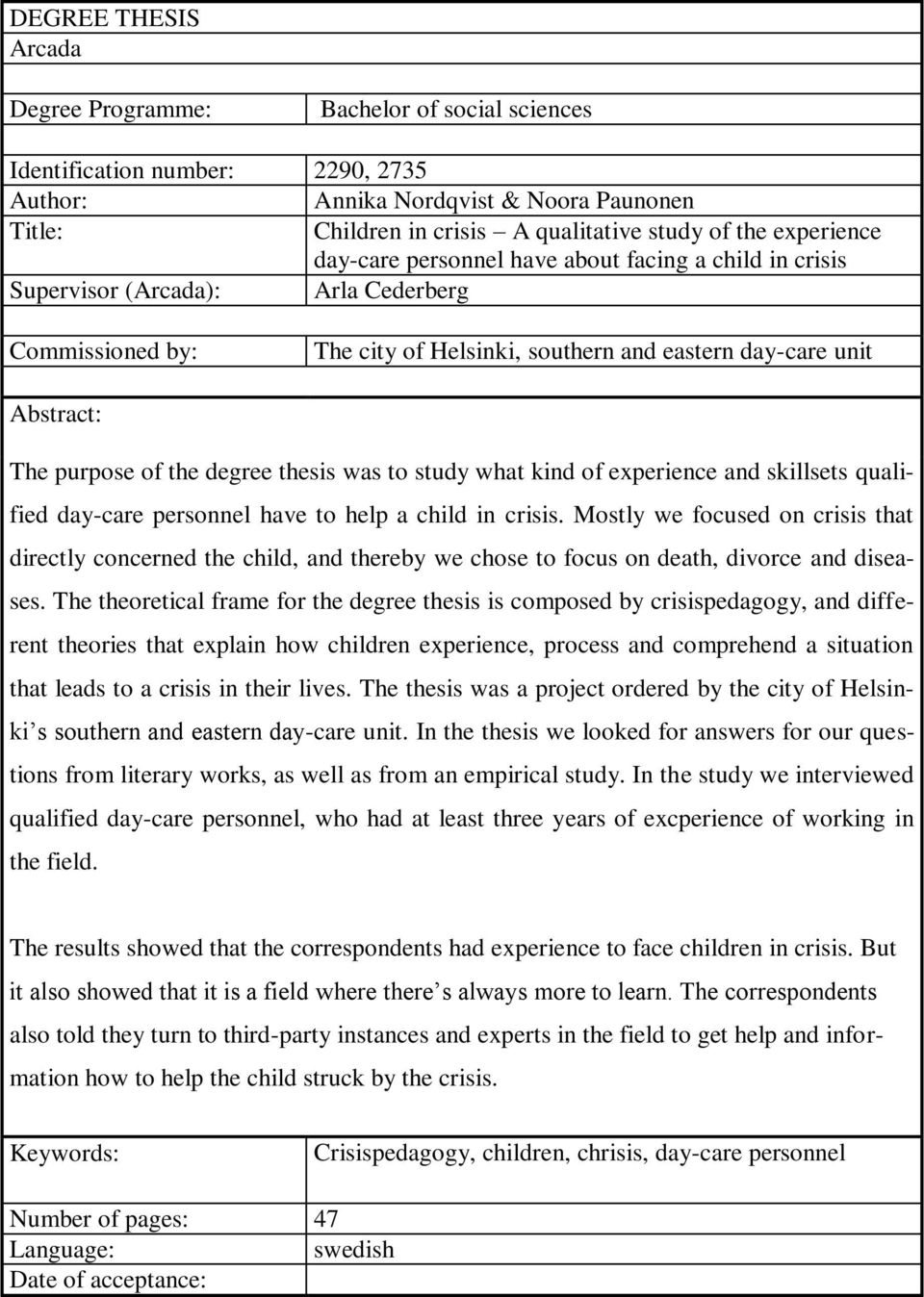 of the degree thesis was to study what kind of experience and skillsets qualified day-care personnel have to help a child in crisis.