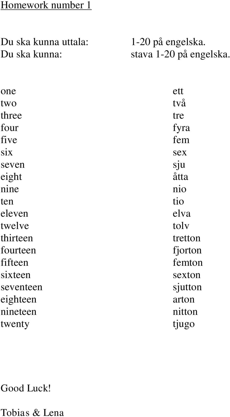 fourteen fifteen sixteen seventeen eighteen nineteen twenty ett två tre