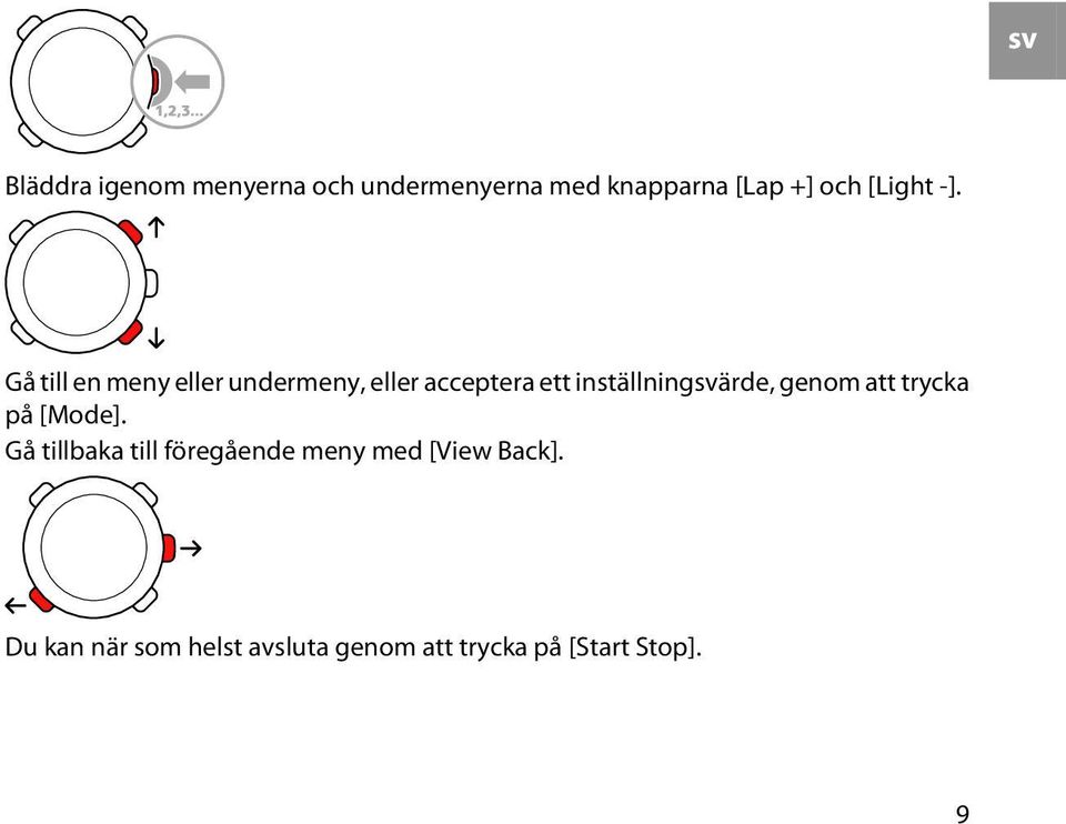 Gå till en meny eller undermeny, eller acceptera ett inställningsvärde,