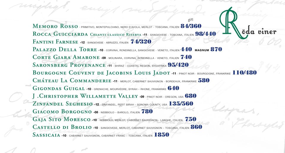 Italien 740 Saronsberg Provenance -11 - Shiraz - Coastal Region, Sydafrika 95/420 Bourgogne Couvent de Jacobins Louis Jadot -11 - Pinot Noir - Bourgogne, Frankrike 110/480 Cháteau La Commanderie -11