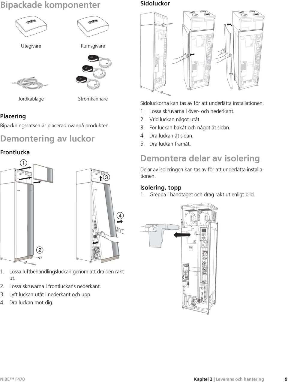 4. Dra luckan åt sidan. 5. Dra luckan framåt. Demontera delar av isolering Delar av isoleringen kan tas av för att underlätta installationen. Isolering, topp 1.