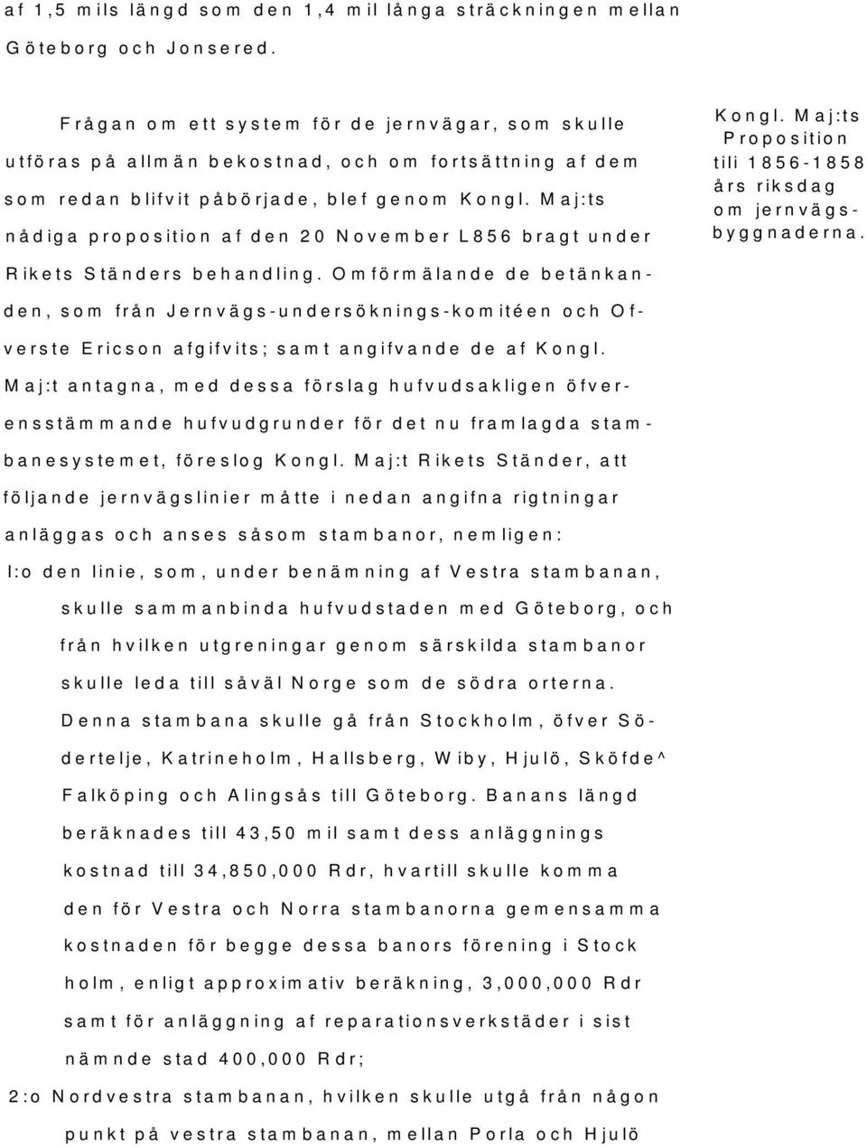 Maj:ts nådiga proposition af den 20 November L856 bragt under Rikets Ständers behandling.